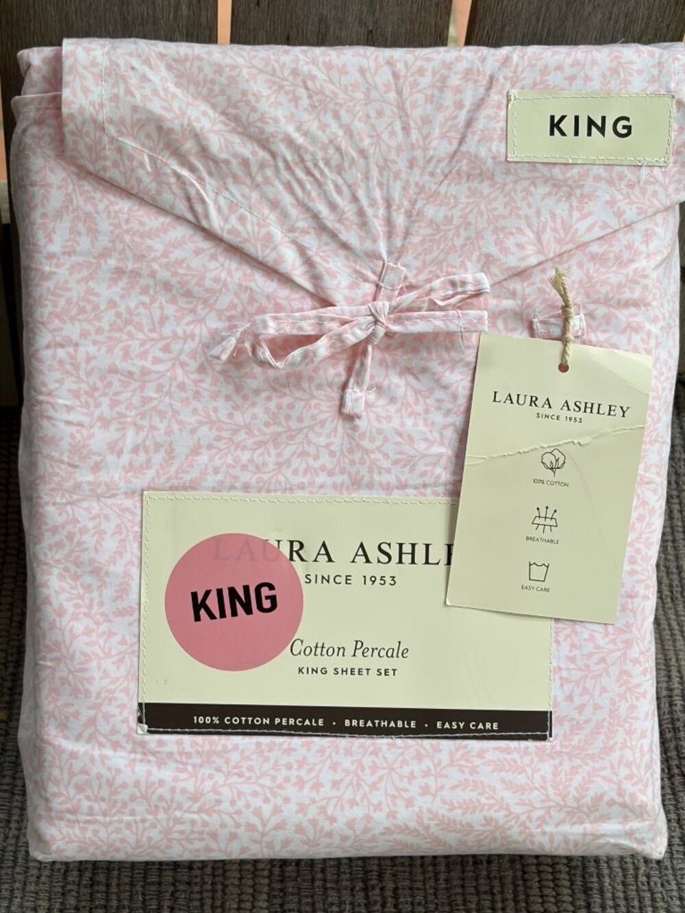 Laura Ashley King Size SWEETWATER VINE PINK Sheet Set Crisp Cool Cotton Percale